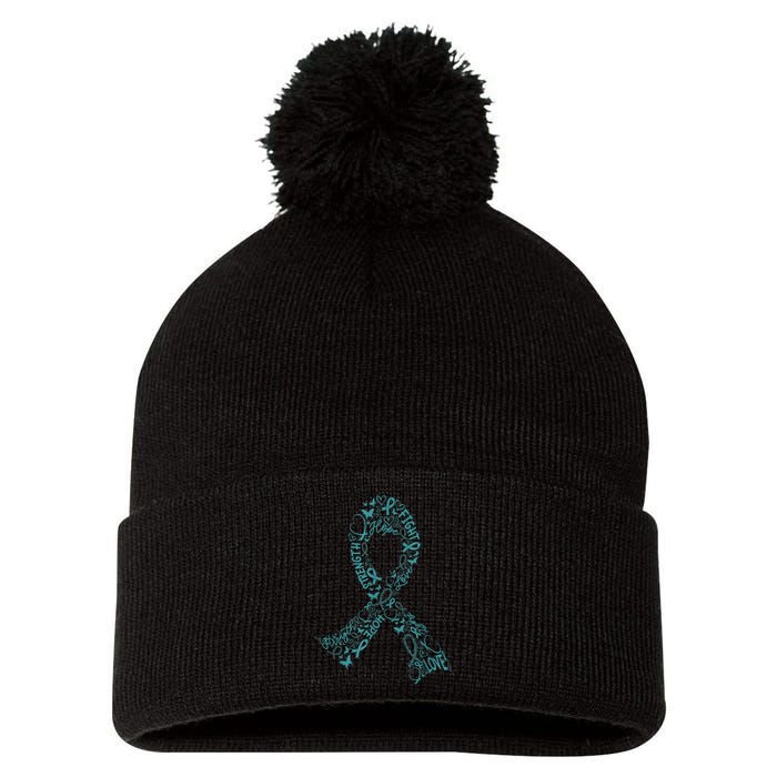 Ovarian Cancer Warrior Teal Ribbon Awareness Gift Pom Pom 12in Knit Beanie