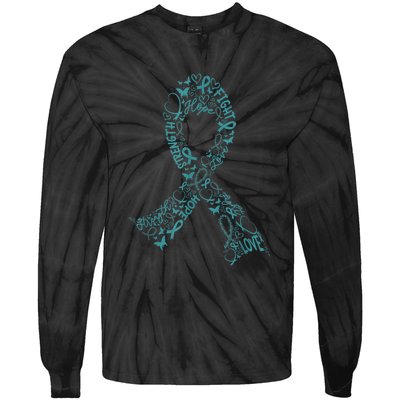 Ovarian Cancer Warrior Teal Ribbon Awareness Gift Tie-Dye Long Sleeve Shirt