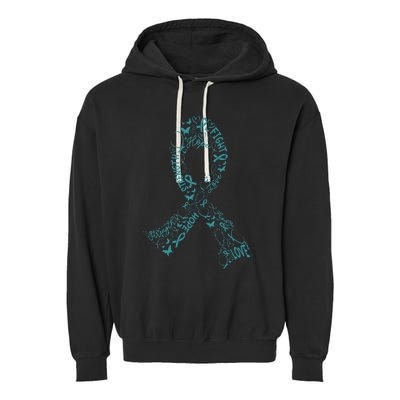 Ovarian Cancer Warrior Teal Ribbon Awareness Gift Garment-Dyed Fleece Hoodie