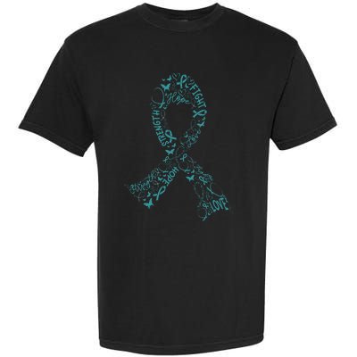 Ovarian Cancer Warrior Teal Ribbon Awareness Gift Garment-Dyed Heavyweight T-Shirt