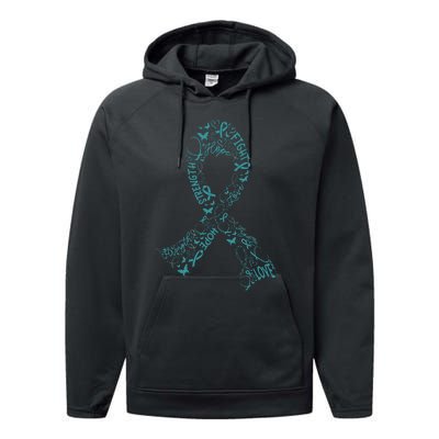 Ovarian Cancer Warrior Teal Ribbon Awareness Gift Performance Fleece Hoodie