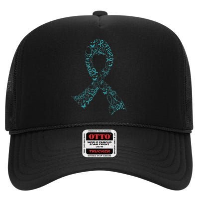 Ovarian Cancer Warrior Teal Ribbon Awareness Gift High Crown Mesh Back Trucker Hat