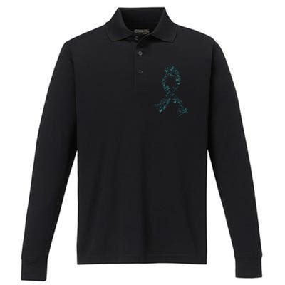 Ovarian Cancer Warrior Teal Ribbon Awareness Gift Performance Long Sleeve Polo