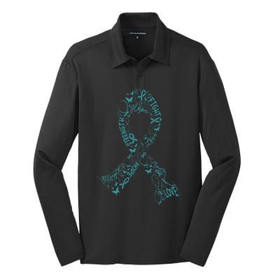 Ovarian Cancer Warrior Teal Ribbon Awareness Gift Silk Touch Performance Long Sleeve Polo