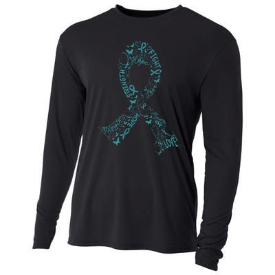 Ovarian Cancer Warrior Teal Ribbon Awareness Gift Cooling Performance Long Sleeve Crew