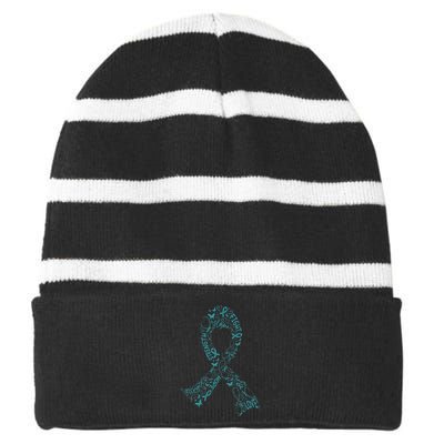 Ovarian Cancer Warrior Teal Ribbon Awareness Gift Striped Beanie with Solid Band