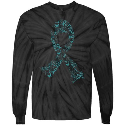 Ovarian Cancer Warrior Teal Ribbon Awareness Gift Tie-Dye Long Sleeve Shirt