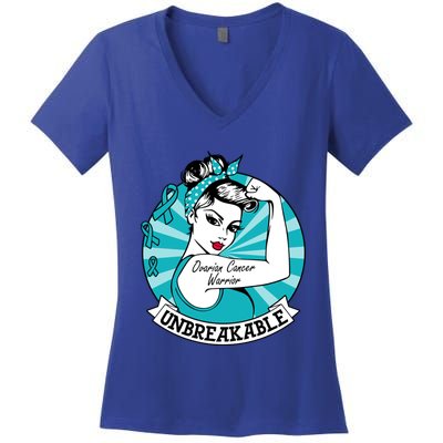 Ovarian Cancer Warrior Unbreakable Ovarian Cancer Awareness Gift Women's V-Neck T-Shirt