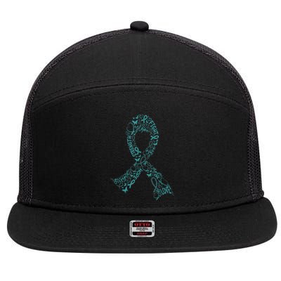 Ovarian Cancer Warrior Teal Ribbon Awareness Gift 7 Panel Mesh Trucker Snapback Hat