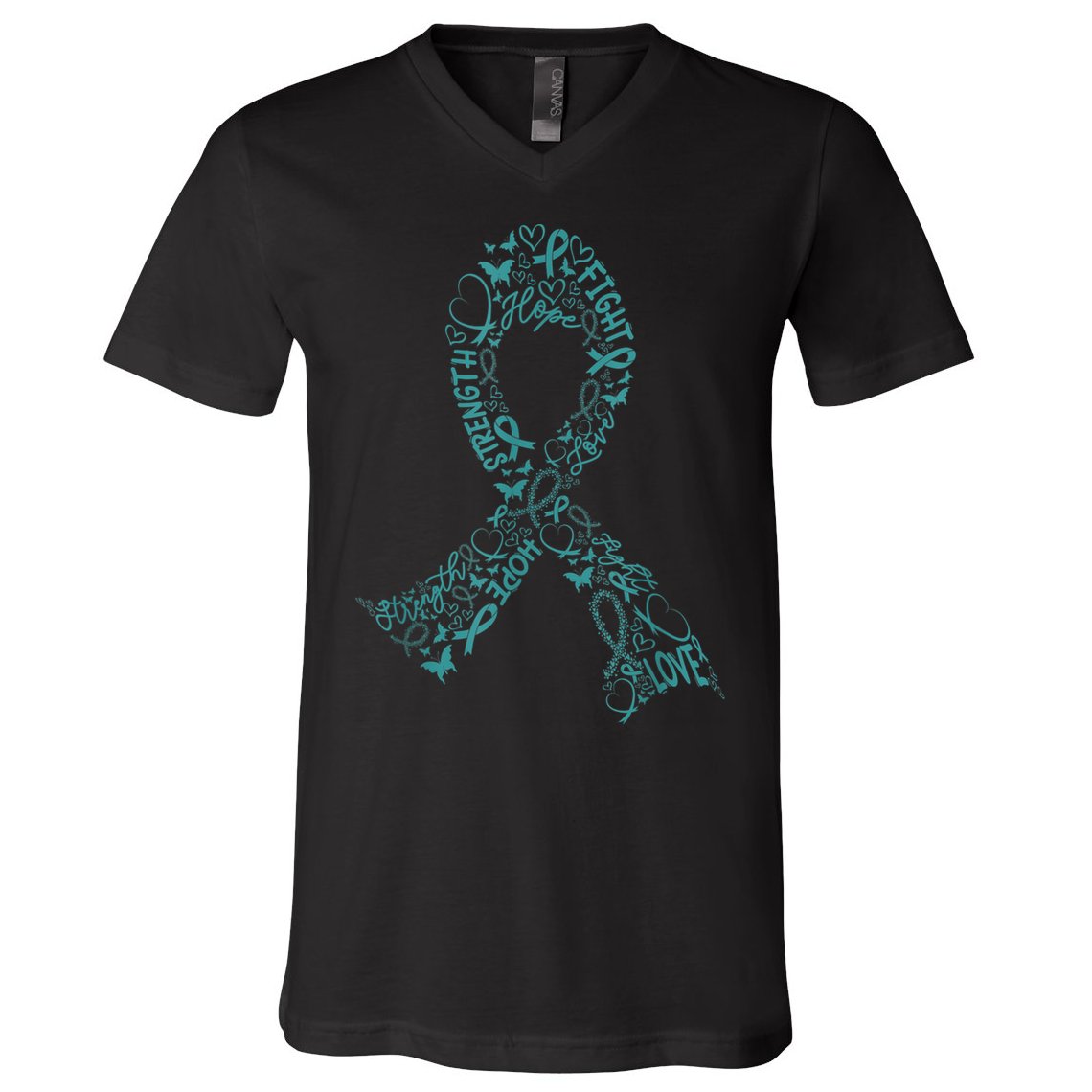 Ovarian Cancer Warrior Teal Ribbon Awareness Gift V-Neck T-Shirt