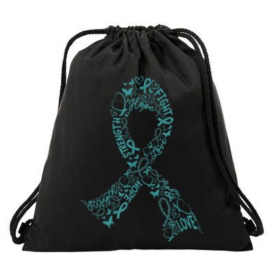 Ovarian Cancer Warrior Teal Ribbon Awareness Gift Drawstring Bag