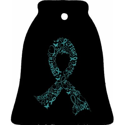 Ovarian Cancer Warrior Teal Ribbon Awareness Gift Ceramic Bell Ornament