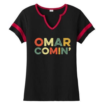 Omar Comin Wire Funny Meme Trending Popular Culture Slang Ladies Halftime Notch Neck Tee