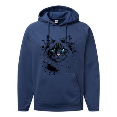 Ornate Cat With Turquoise Eyes And Paint Splash Gift Performance Fleece Hoodie