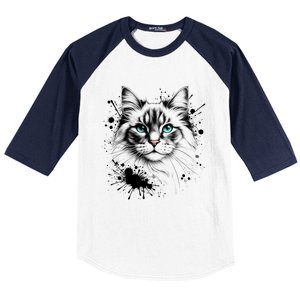 Ornate Cat With Turquoise Eyes And Paint Splash Gift Baseball Sleeve Shirt