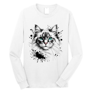 Ornate Cat With Turquoise Eyes And Paint Splash Gift Long Sleeve Shirt