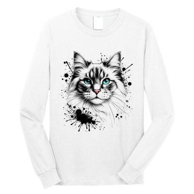 Ornate Cat With Turquoise Eyes And Paint Splash Gift Long Sleeve Shirt