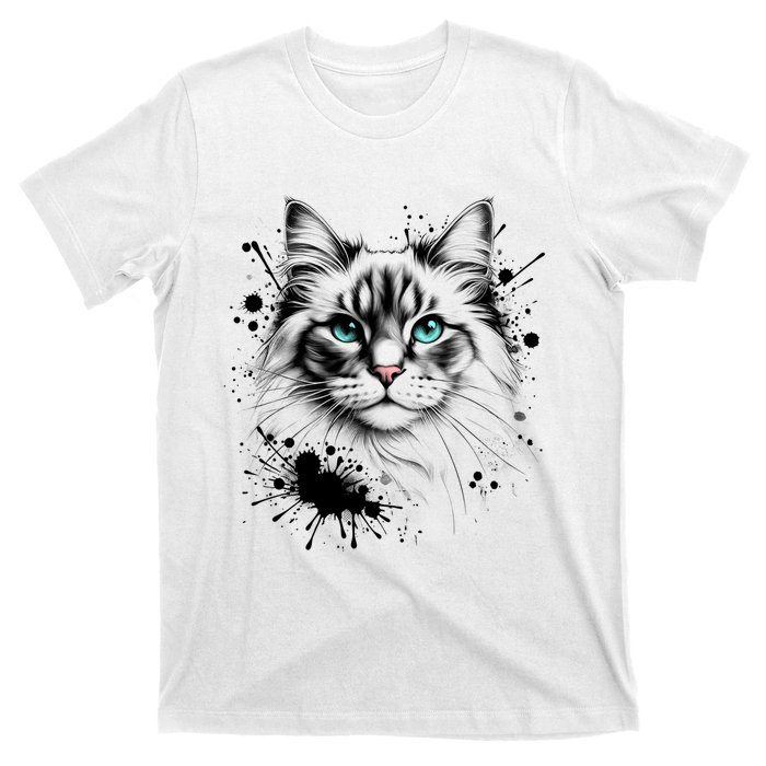 Ornate Cat With Turquoise Eyes And Paint Splash Gift T-Shirt