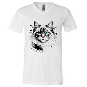 Ornate Cat With Turquoise Eyes And Paint Splash Gift V-Neck T-Shirt