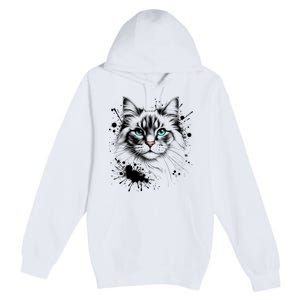 Ornate Cat With Turquoise Eyes And Paint Splash Gift Premium Pullover Hoodie