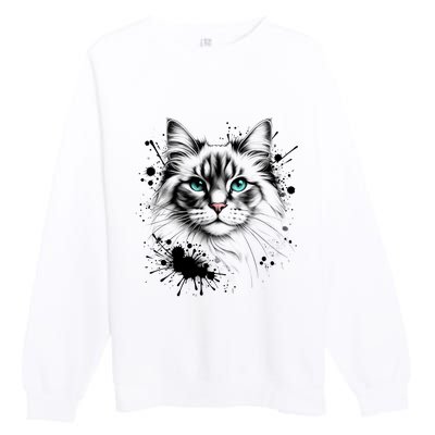 Ornate Cat With Turquoise Eyes And Paint Splash Gift Premium Crewneck Sweatshirt