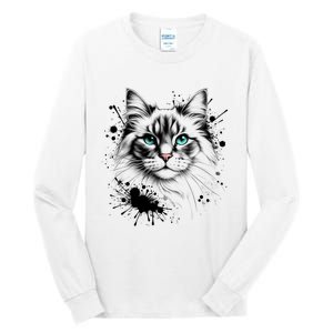 Ornate Cat With Turquoise Eyes And Paint Splash Gift Tall Long Sleeve T-Shirt