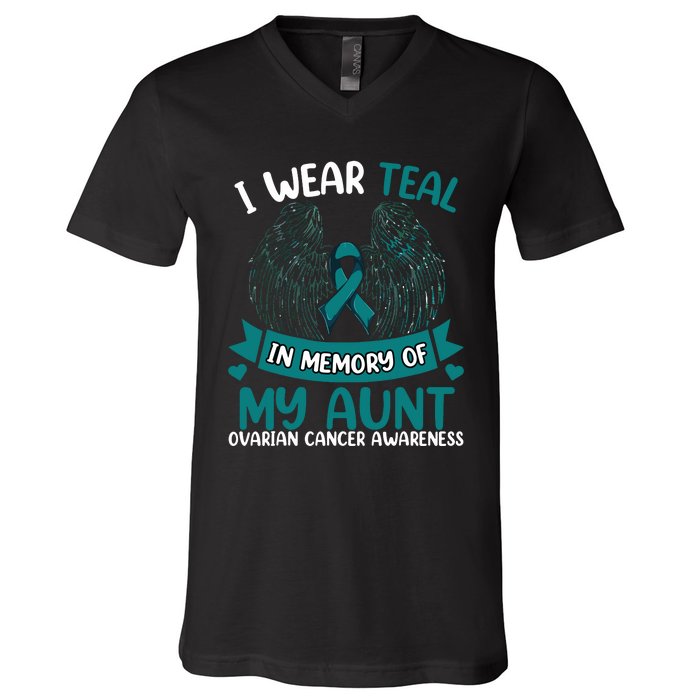 Ovarian Cancer Wings I Wear Teal In Memory Of My Aunt V-Neck T-Shirt