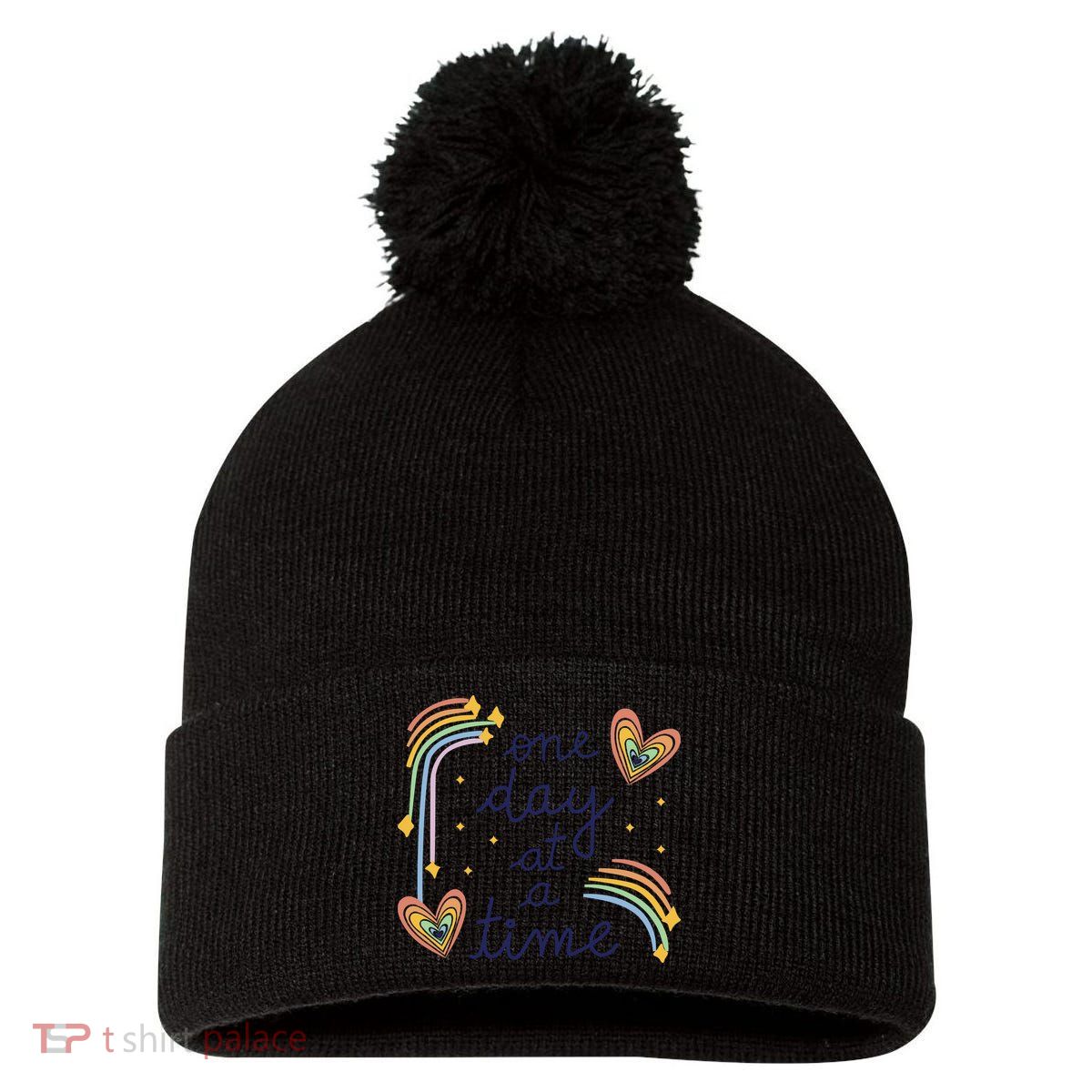 One Day At A Time Rainbow Pom Pom 12in Knit Beanie