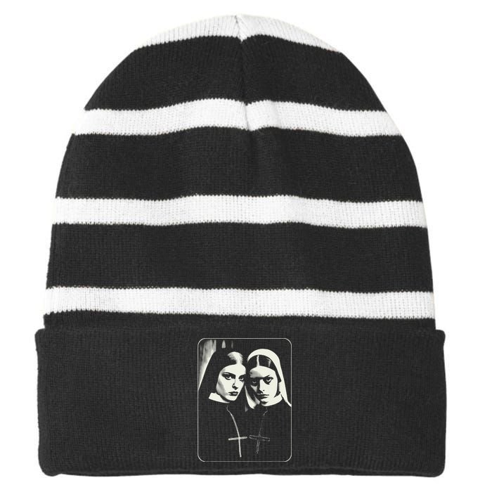 Occult Dark Art Unholy Nun Gothic Striped Beanie with Solid Band