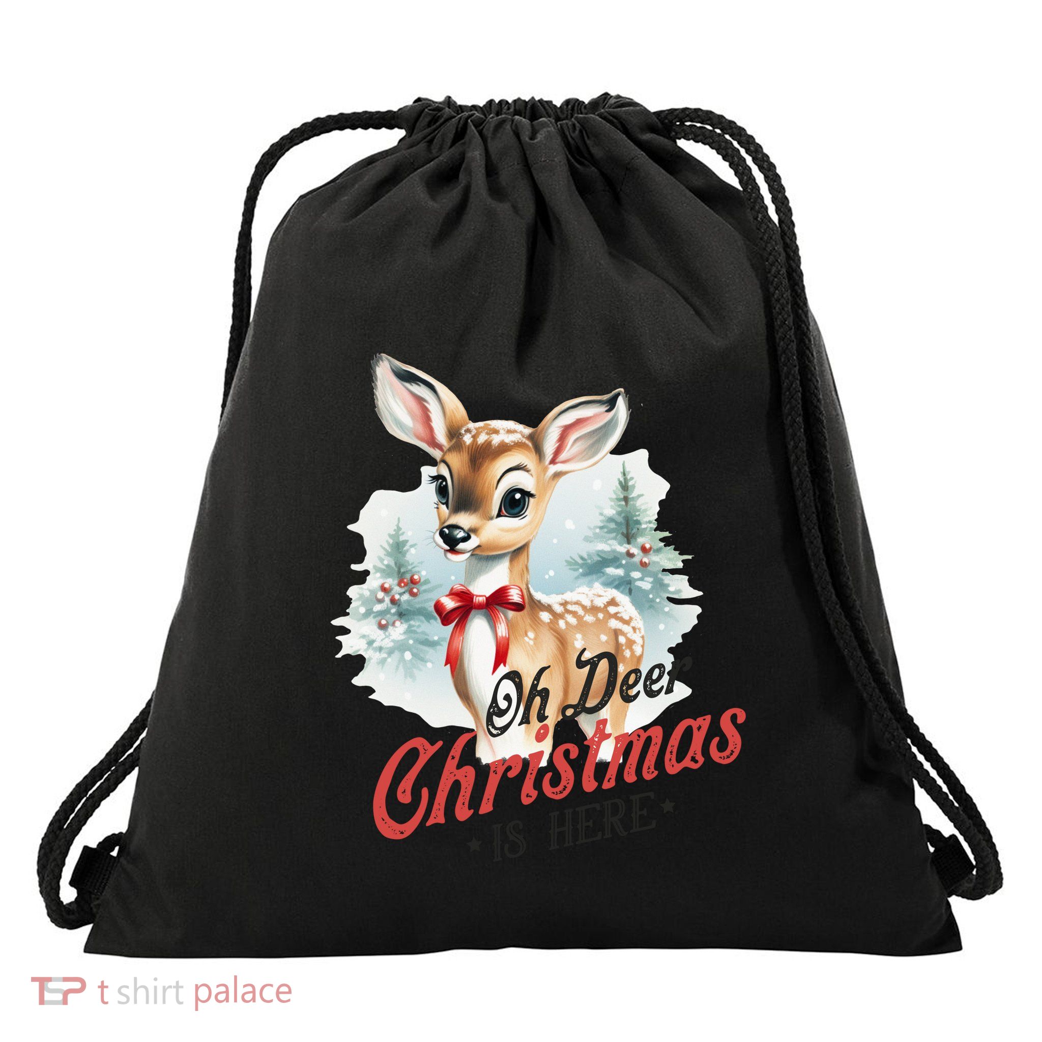 Oh Deer Christmas Is Here Drawstring Bag