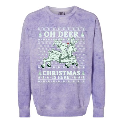 Oh Deer Christmas Is Here Reindeer Ugly Christmas Sweater Gift Colorblast Crewneck Sweatshirt