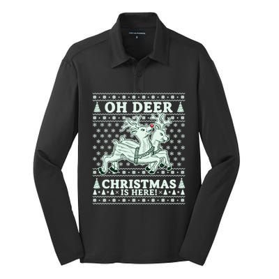 Oh Deer Christmas Is Here Reindeer Ugly Christmas Sweater Gift Silk Touch Performance Long Sleeve Polo