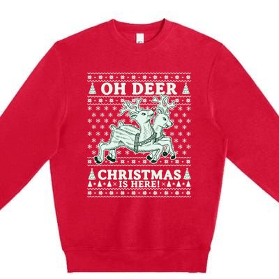 Oh Deer Christmas Is Here Reindeer Ugly Christmas Sweater Gift Premium Crewneck Sweatshirt