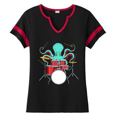 Octopus Drummer Drums Lover Kit Snare Bass Hihat Trap Set Ladies Halftime Notch Neck Tee