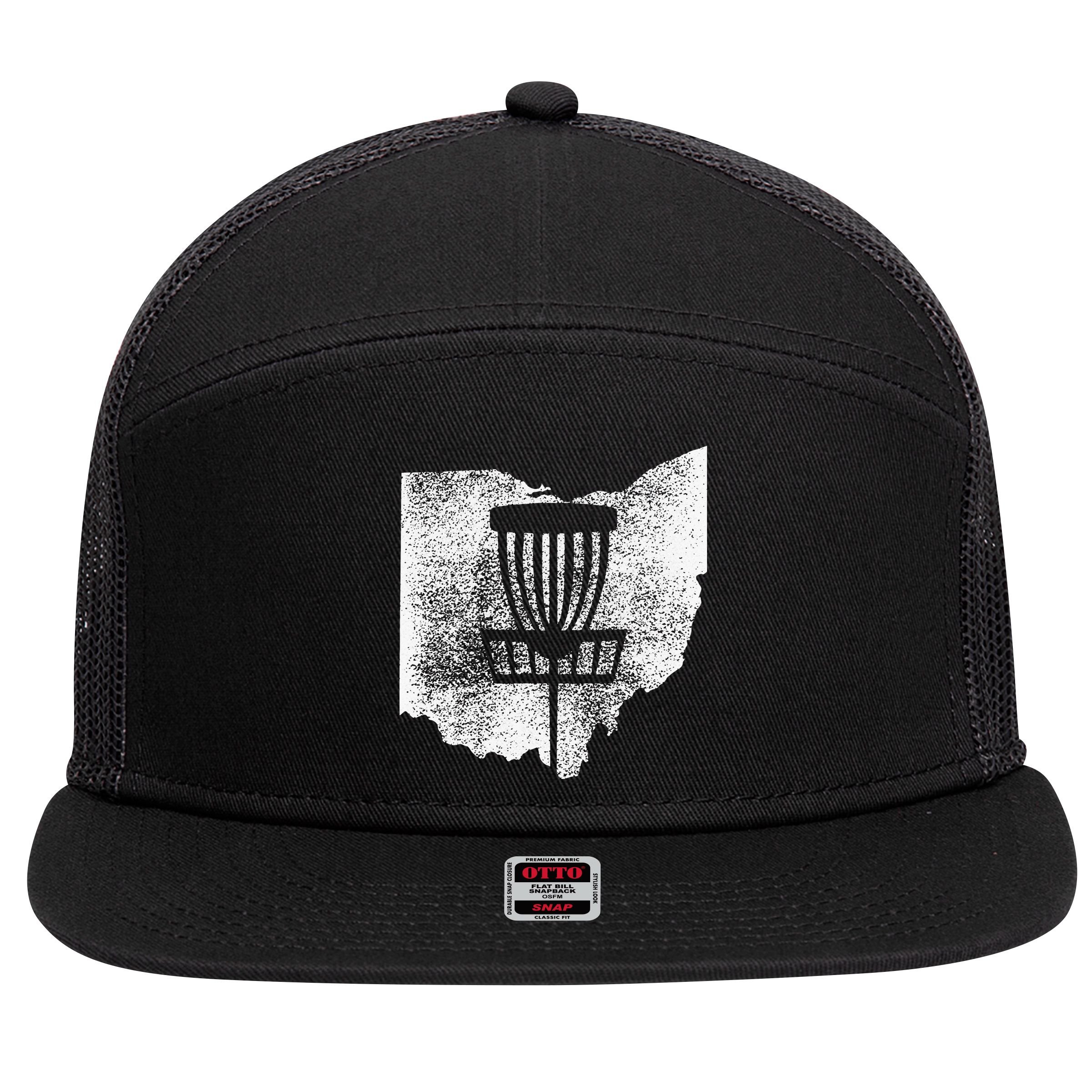Ohio Disc Golf State With Basket Distressed Graphic 7 Panel Mesh Trucker Snapback Hat
