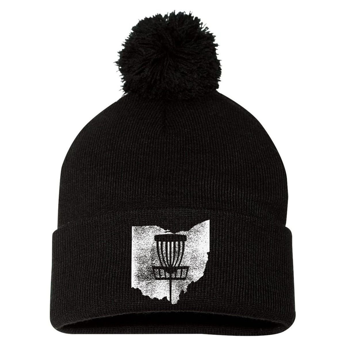 Ohio Disc Golf State With Basket Distressed Graphic Pom Pom 12in Knit Beanie