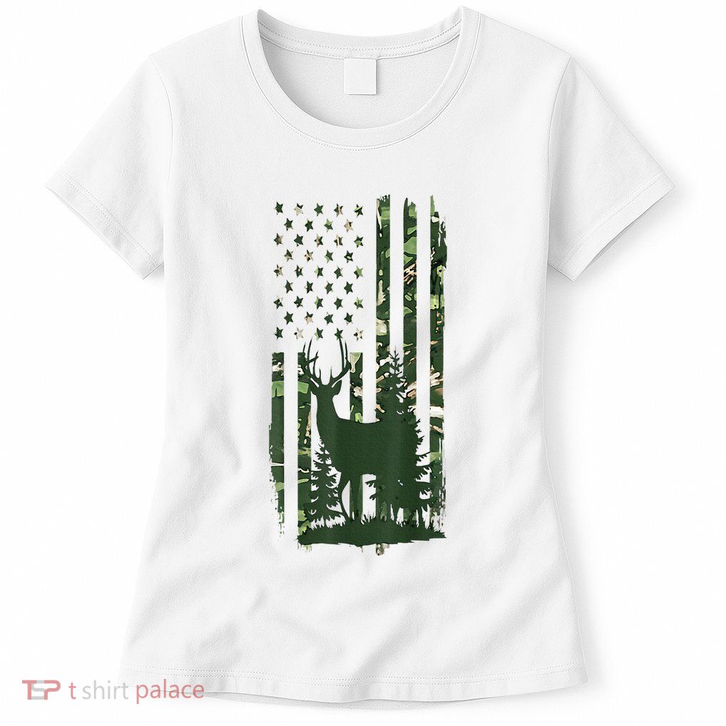 Orange Deer Hunting Gifts Hunters Camo Flag Womens T-Shirt