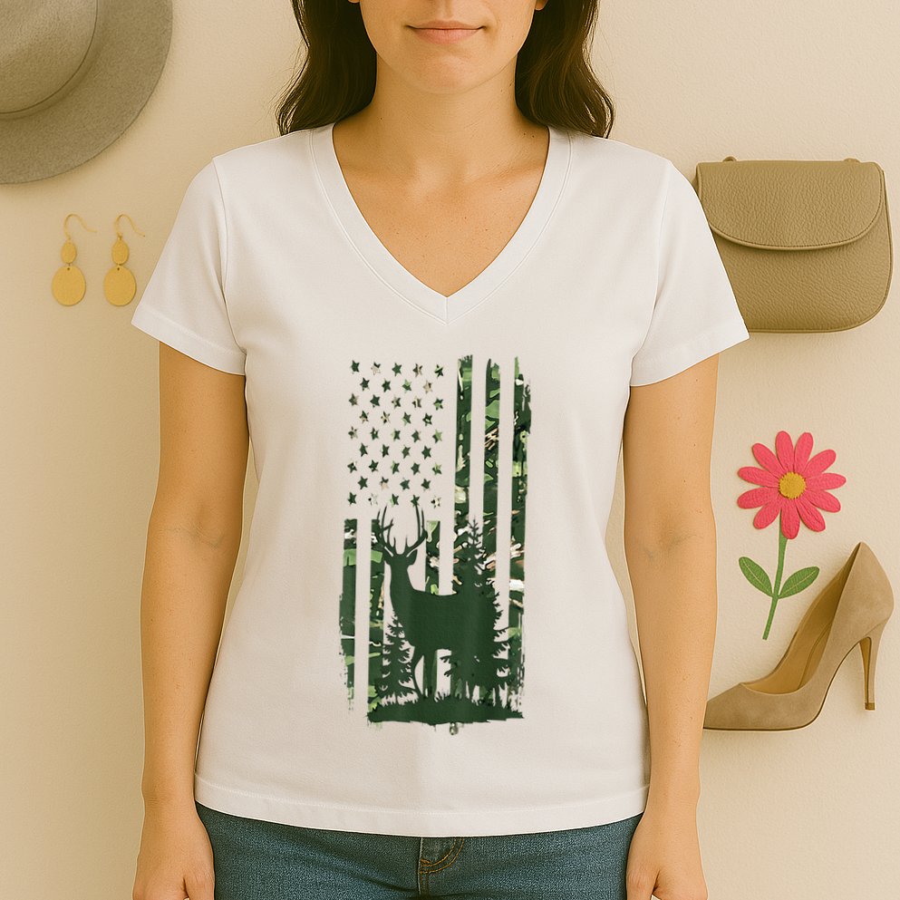 Orange Deer Hunting Gifts Hunters Camo Flag Women's V-Neck T-Shirt