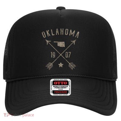 Oklahoma Distressed Home State Map Boho Arrows High Crown Mesh Back Trucker Hat