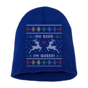 Oh Deer IM Queer Reindeer Ugly Xmas Gift Short Acrylic Beanie