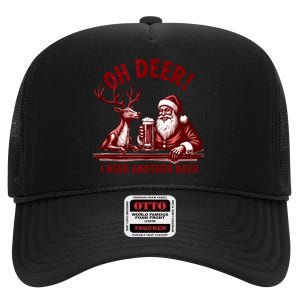 Oh Deer I Need Another Beer Santa And Reindeer Christmas High Crown Mesh Back Trucker Hat