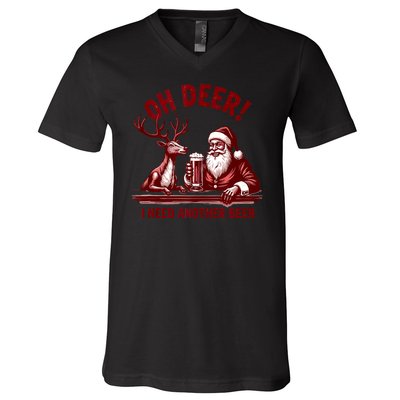 Oh Deer I Need Another Beer Santa And Reindeer Christmas V-Neck T-Shirt