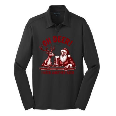 Oh Deer I Need Another Beer Santa And Reindeer Christmas Silk Touch Performance Long Sleeve Polo