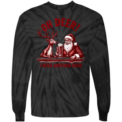 Oh Deer I Need Another Beer Santa And Reindeer Christmas Tie-Dye Long Sleeve Shirt