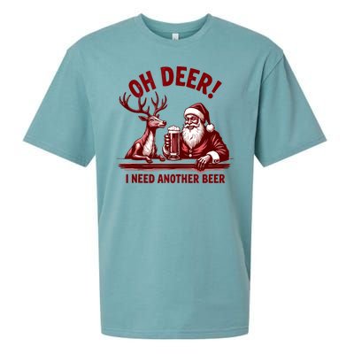 Oh Deer I Need Another Beer Santa And Reindeer Christmas Sueded Cloud Jersey T-Shirt