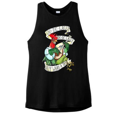 OO DE LALLY GOLLY What A Day Rooster Playing Guitar Ladies PosiCharge Tri-Blend Wicking Tank