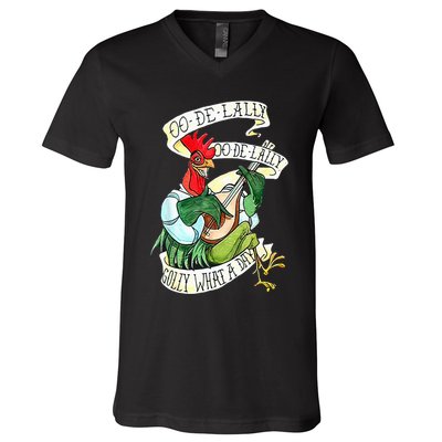 OO DE LALLY GOLLY What A Day Rooster Playing Guitar V-Neck T-Shirt