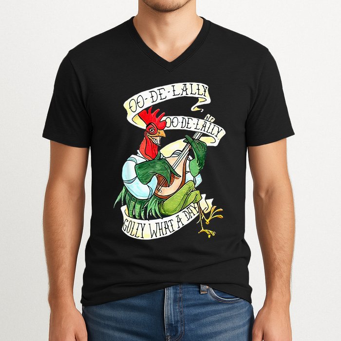 OO DE LALLY GOLLY What A Day Rooster Playing Guitar V-Neck T-Shirt