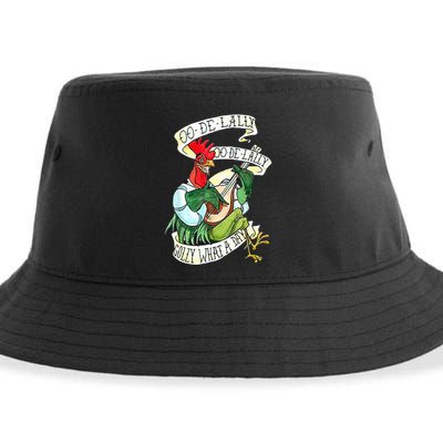 OO DE LALLY GOLLY What A Day Rooster Playing Guitar Sustainable Bucket Hat