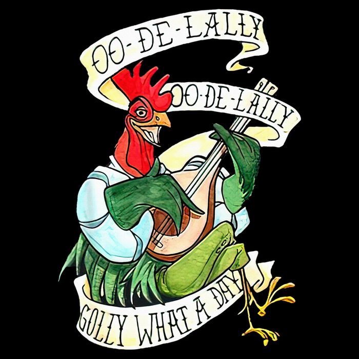 OO DE LALLY GOLLY What A Day Rooster Playing Guitar Sustainable Bucket Hat